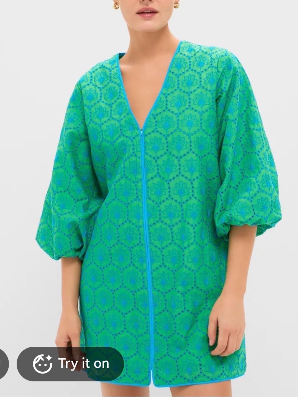 Tuckernuck Green & Blue Patterned V-Neck Puff Sleeve Dress